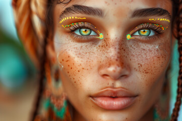 Close-up of young woman with exotic facial makeup. Generative AI image