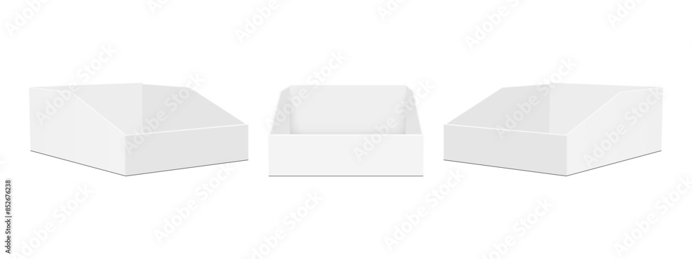 Poster three triangular display boxes, front and side view, isolated on white background. vector illustrati