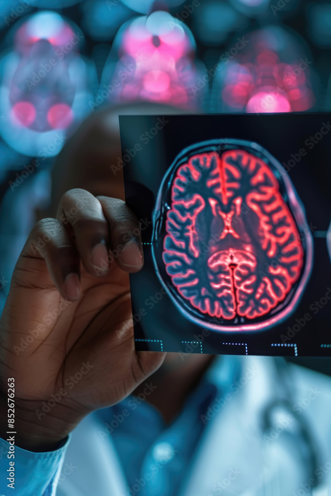 Poster a close-up image of a doctors hand holding a brain scan image, showing the internal structure of the