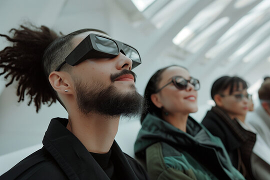 Young people sporting futuristic sunglasses in stylish setting. Generative AI image