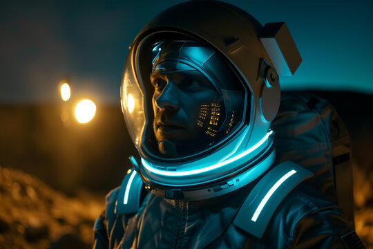 Astronaut in futuristic space suit ready for lunar mission. Generative AI image