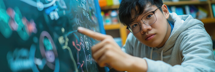 A young man wearing glasses leans over a chalkboard, pointing at handwritten math equations. He appears to be studying or teaching