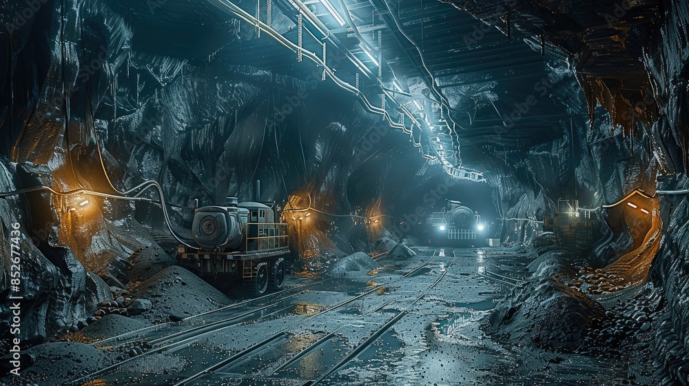 Poster Atmosphere in a coal mine with machinery working distant view. Generative AI.