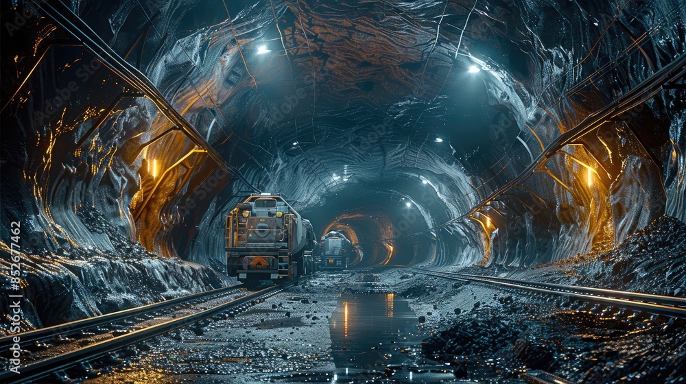 Poster atmosphere in a coal mine with machinery working distant view. generative ai.