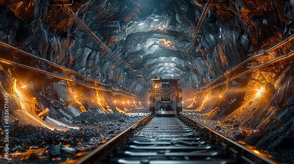 Poster Atmosphere in a coal mine with machinery working distant view. Generative AI.