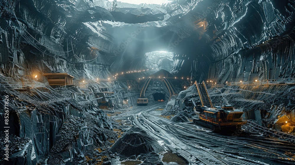 Poster Atmosphere in a coal mine with machinery working distant view. Generative AI.