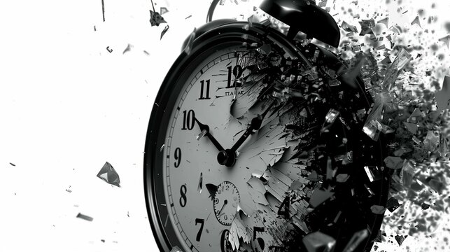 Shattering black and white alarm clock, symbolizing the fleeting nature of time and sudden disruptions.