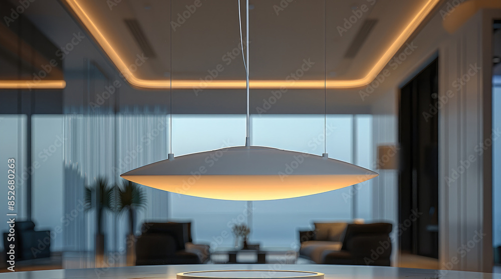 Poster Large White ceiling light hanging on 4 vertical wires, ellipse shape with two pointed tips, light has flat surface with an LED screen on bottom, focus on the lamp, Modern luxury style. Generative AI.