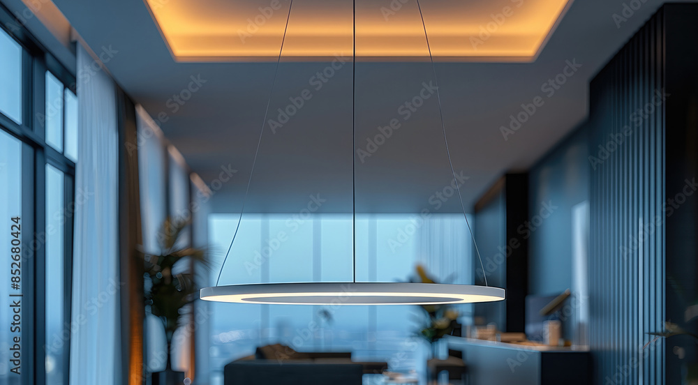Poster Large White ceiling light hanging on 4 vertical wires, ellipse shape with two pointed tips, light has flat surface with an LED screen on bottom, focus on the lamp, Modern luxury style. Generative AI.
