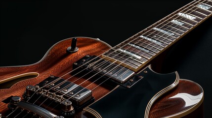 Fototapeta premium An artistic close-up of a vintage electric guitar's body and neck joint, set against a black background, emphasizing its construction and beauty
