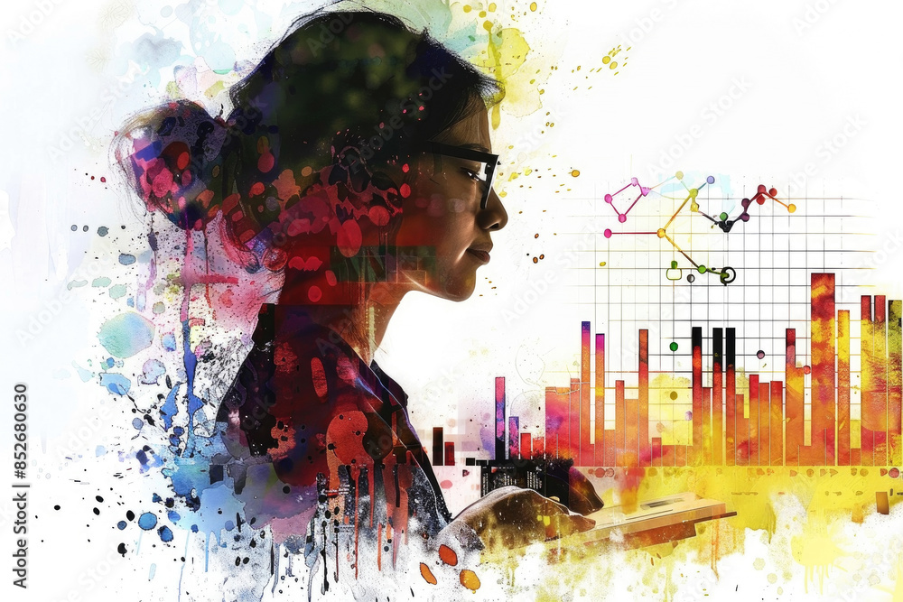 Aufkleber a woman works with data in front of a vibrant backdrop of colorful charts and graphs