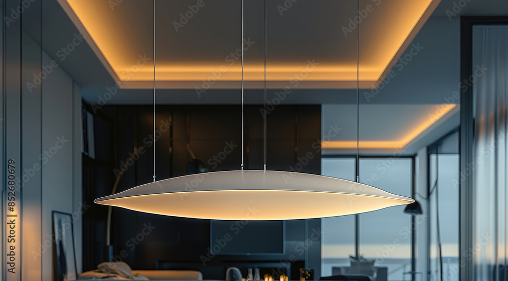 Poster Large White ceiling light hanging on 4 vertical wires, ellipse shape with two pointed tips, light has flat surface with an LED screen on bottom, focus on the lamp, Modern luxury style. Generative AI.
