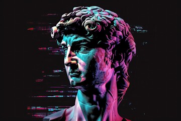 statue of david classical bust with vhs digital vibrant neon glitch art effect on dark background