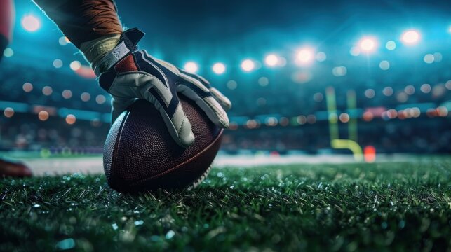 Close-up Shot of an American Ball Standing on a Stadium Field Held, A professional player is holding the ball.
