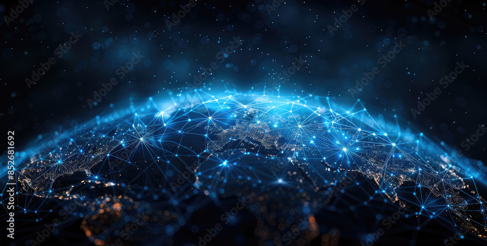 Poster abstract digital planet earth with a global network and connectivity concept made of glowing dots, l