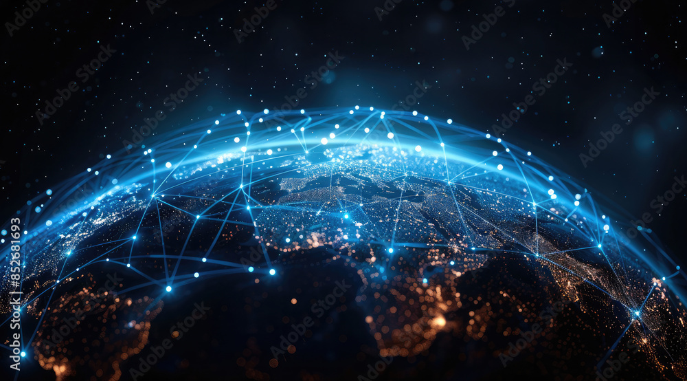 Poster Abstract digital planet Earth with a global network and connectivity concept made of glowing dots, lines, or connections on a black background, blue frosted glass acrylic material. Generative AI.