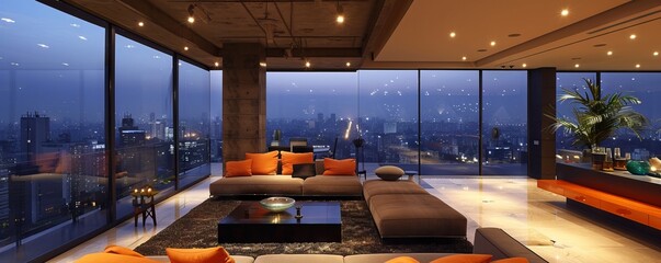 Fototapeta premium Sleek modern penthouse with city skyline views.