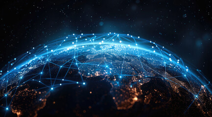 Abstract digital planet Earth with a global network and connectivity concept made of glowing dots, lines, or connections on a black background, blue frosted glass acrylic material. Generative AI.