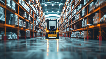 Forklift lifting goods in a logistics warehouse. Generative AI.