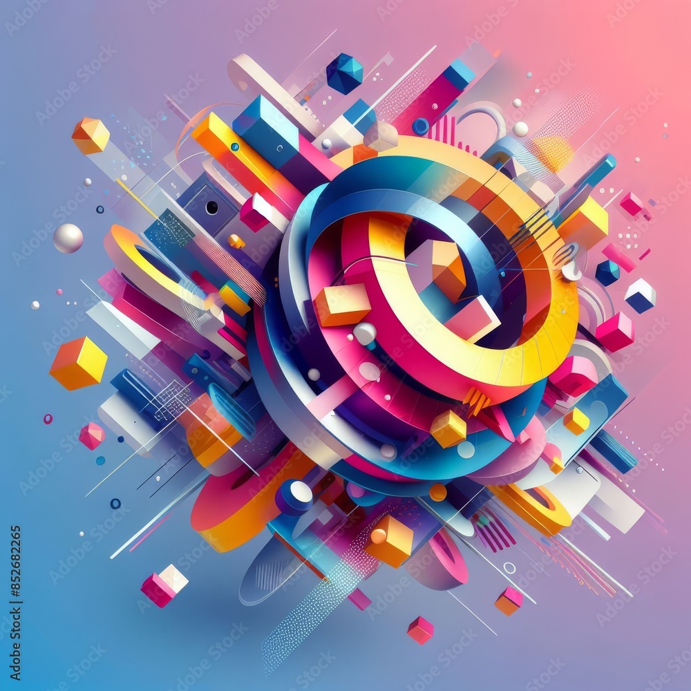 Poster a dynamic and colorful abstract geometric composition featuring various shapes and patterns. the vib