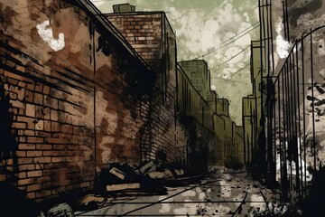 urban alleyway with deteriorating buildings and grunge, dystopian aesthetic