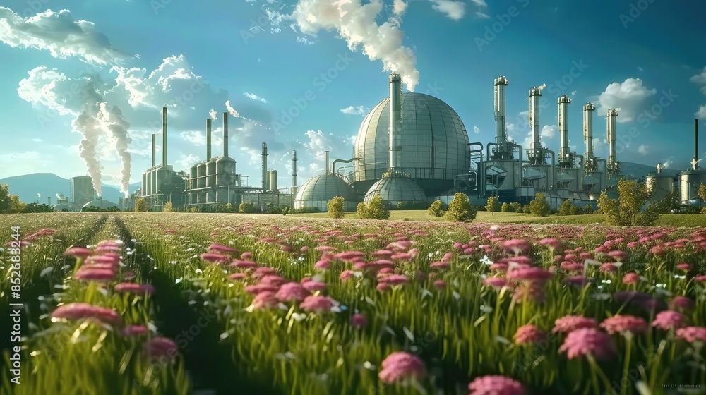 Poster a large meadow environment with a chemical factory. generative ai.