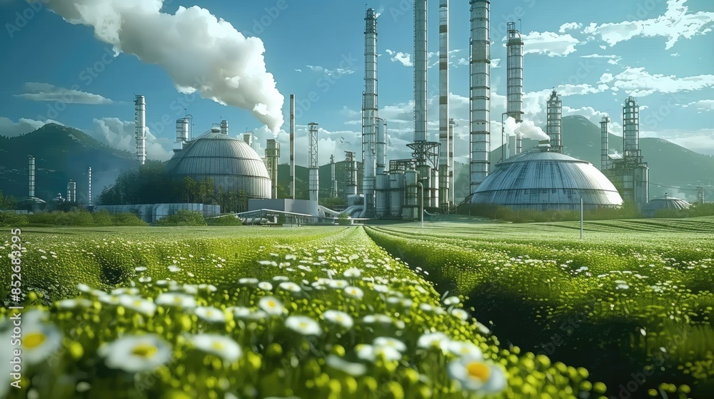 Aufkleber a large meadow environment with a chemical factory. generative ai.