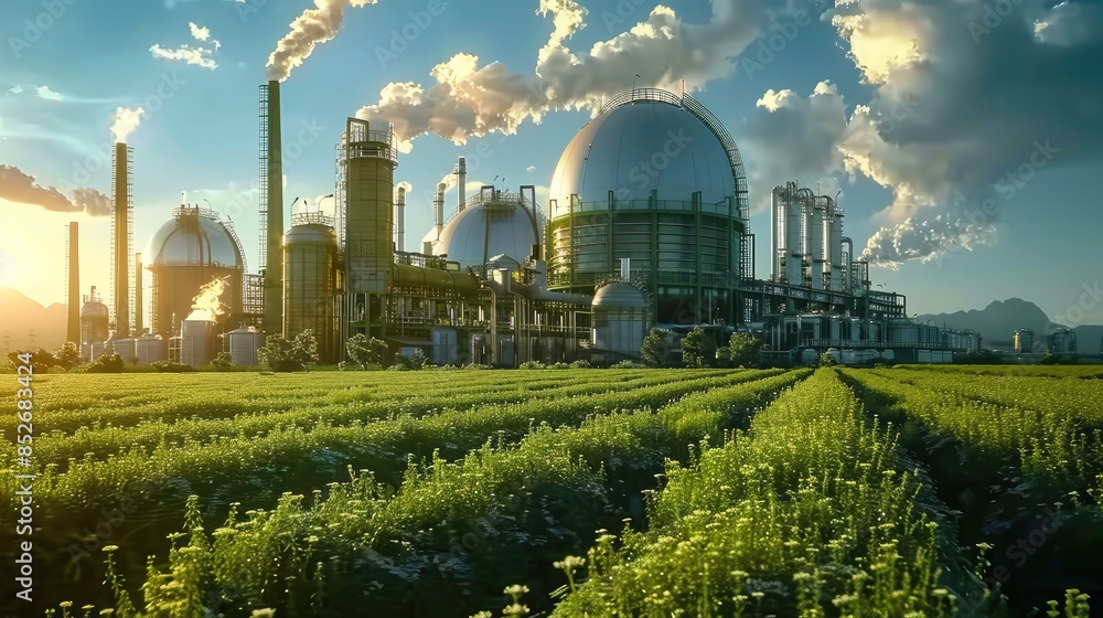 Aufkleber a large meadow environment with a chemical factory. generative ai.
