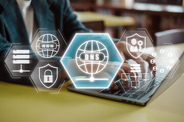 "Visual representation of DNS server concept with cybersecurity, internet technology, and network management elements."