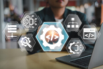 Visual representation of a low code platform concept showcasing digital interface, workflow...