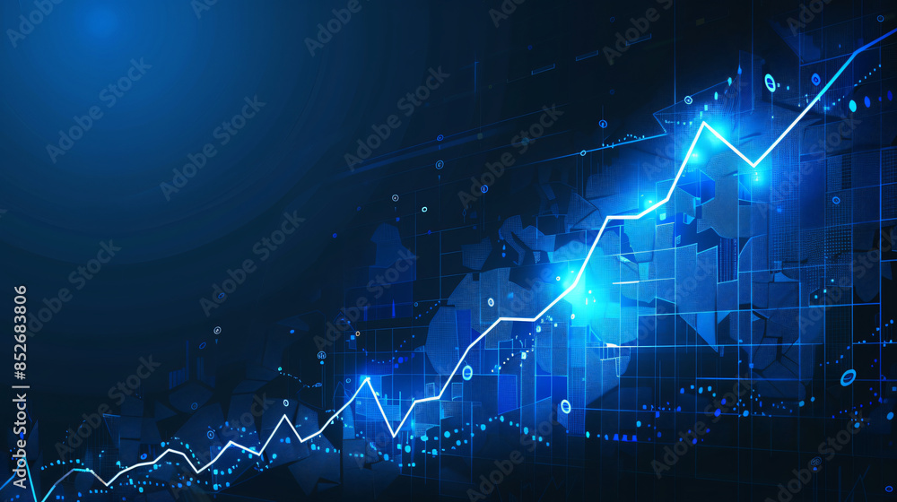 Poster Dynamic blue background with upward arrows digitally visualizing financial success
