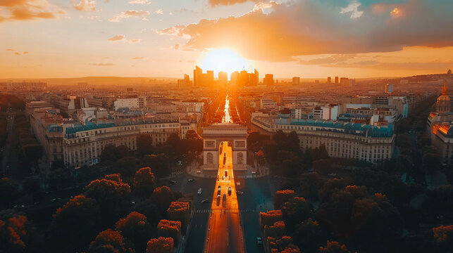 Golden hour aerial view of paris with arc de triomphe and city skyline glowing in the sunset light