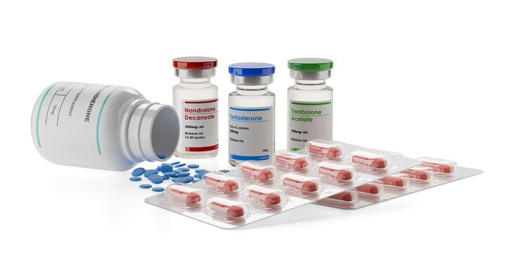 Testosterone, trenbolone and nandrolone steroid vials, tablets blister and pills on white background, the most commonly used anabolic steroids for muscle growth in sport doping
