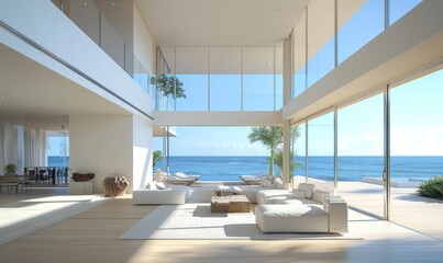 Fototapeta premium Sleek beach house with floor-to-ceiling windows.