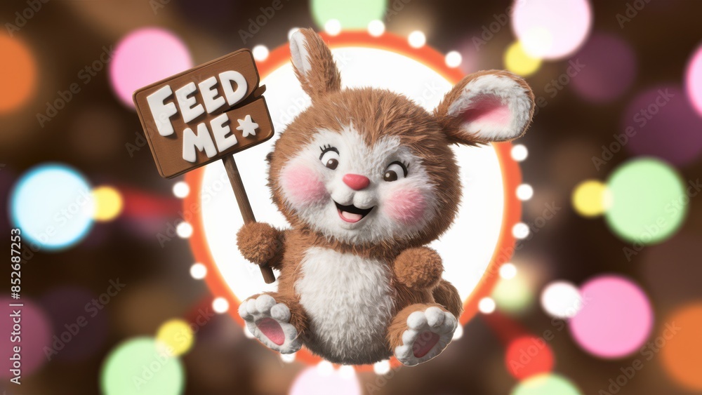 Poster a stuffed rabbit holding a sign that says feed me, ai