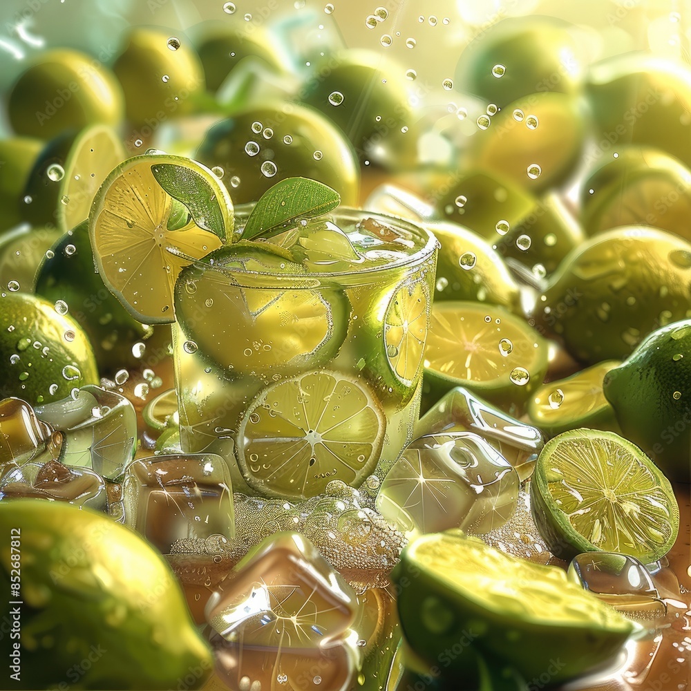 Poster A numerous green lemons and ice cubes, creating a refreshing and cool atmosphere. Generative AI.