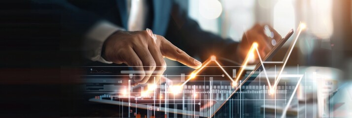 A professional using futuristic technology with data and graphs overlay, symbolizing advanced analytics and business intelligence in a modern workspace.