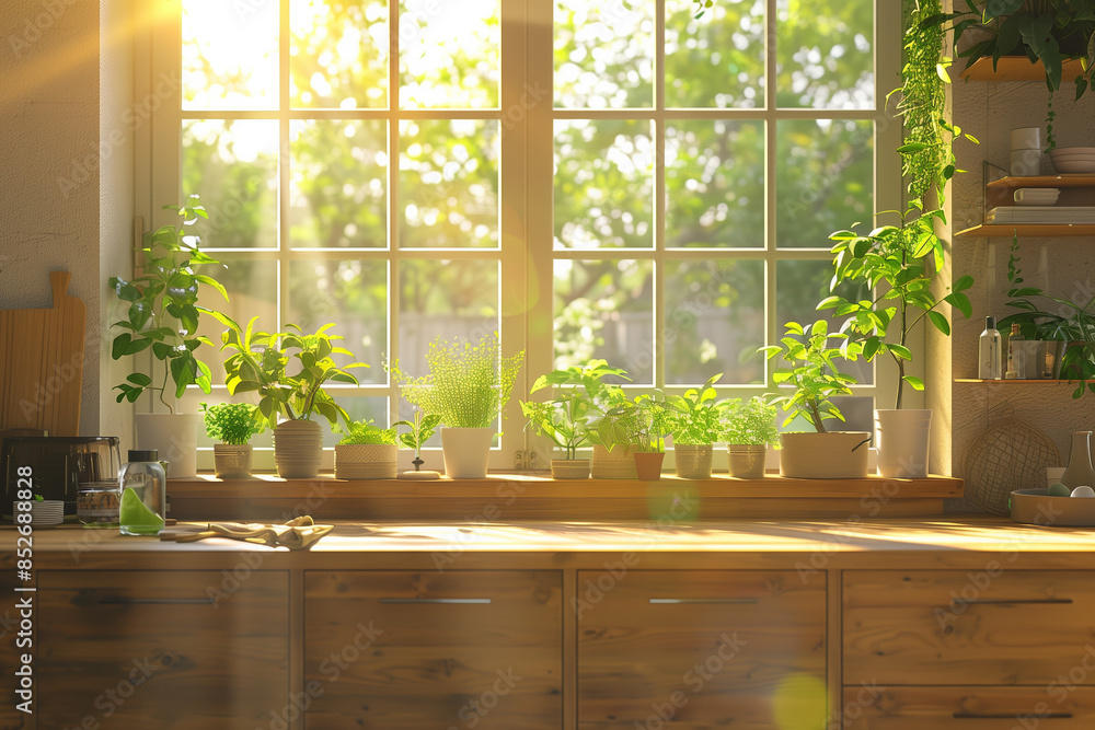 Wall mural A clean and tidy kitchen with illuminating white walls and green plants.