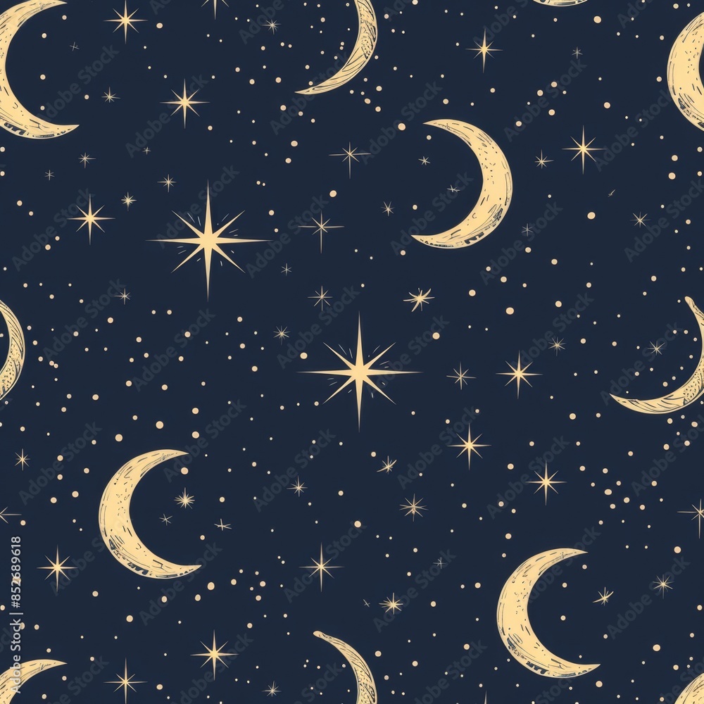 Wall mural elegant celestial pattern with gold crescent moons and stars on a dark blue background, creating a l