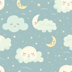 Seamless whimsical night sky pattern in pastel colors featuring sleeping clouds, crescent moons, and stars on a light blue background, creating a cute and dreamy design.