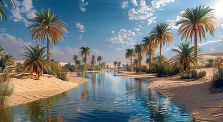 Fototapeta premium An oasis in the Arabian desert, more sand, less river and lake, more palm trees. Generative AI.