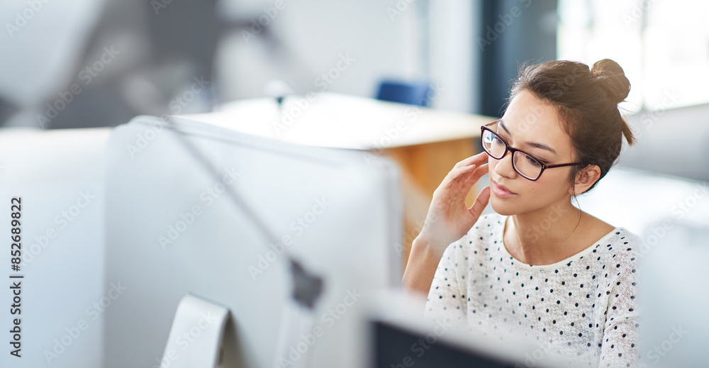 Poster business, thinking and woman with computer, planning and online reading for research, article and so