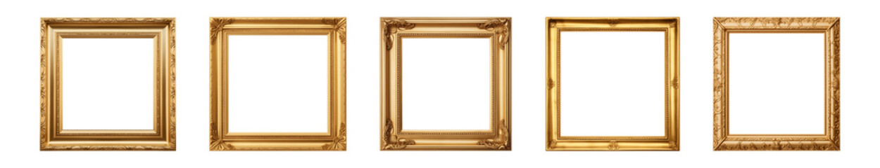 Collection of antique gold picture square frames isolated on a transparent background, PNG