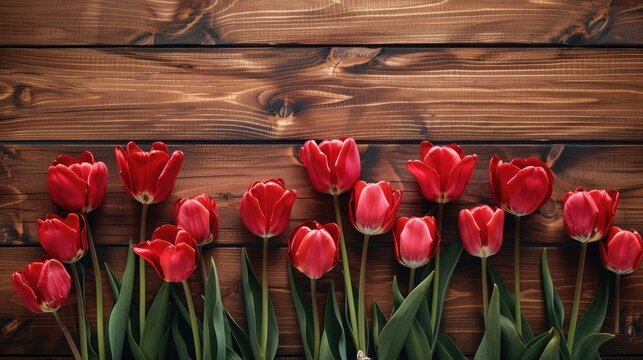 Red tulips on wooden background for holiday themed gardening advertisement