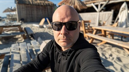 Bald man with on the beach is resting European resort, low season