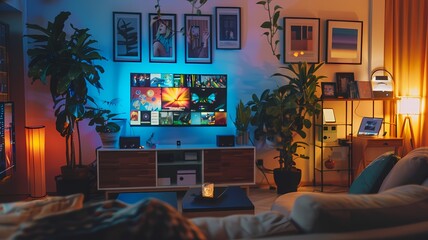 A TV screen streaming online video, a smartphone displaying social media notifications and a digital frame in a living room setup