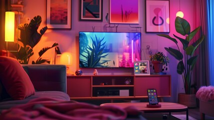 A TV screen streaming online video, a smartphone displaying social media notifications and a digital frame in a living room setup
