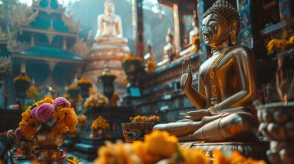 A gold statue of a Buddha sits in a room with many other statues and flowers