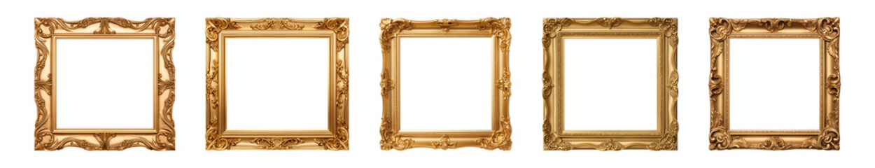 Collection of antique gold picture square frames isolated on a transparent background, PNG
