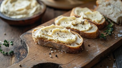 Rustic bread slices with creamy butter spread seasoned pepper and herbs on wooden board